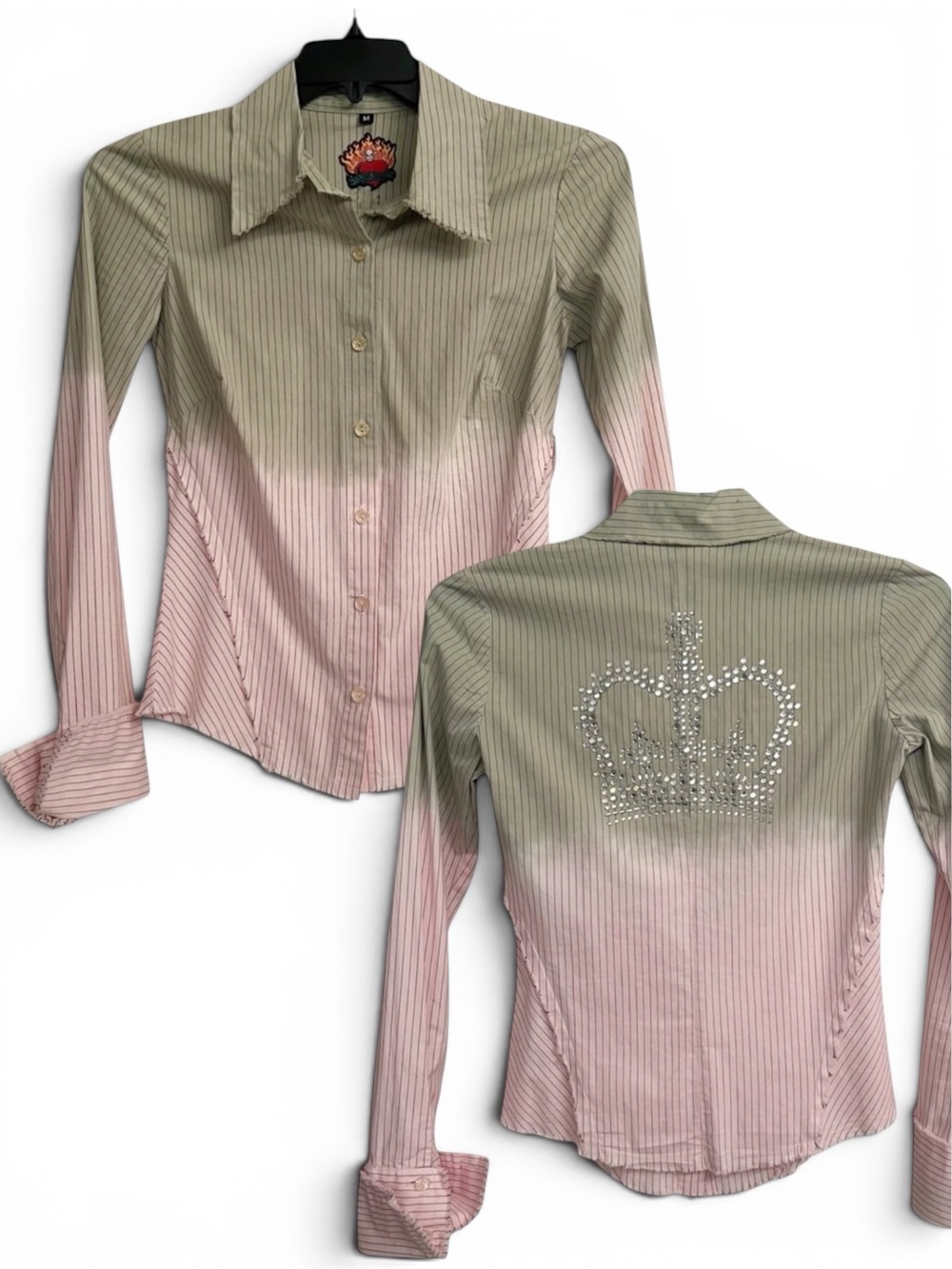 90’s Y2K Love Junkie Pinstripe Pink Green Shirt Rhinestone Crown Appliqué Medium